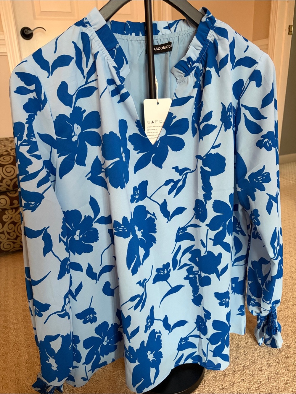 Light Blue Floral V-Neck Blouse